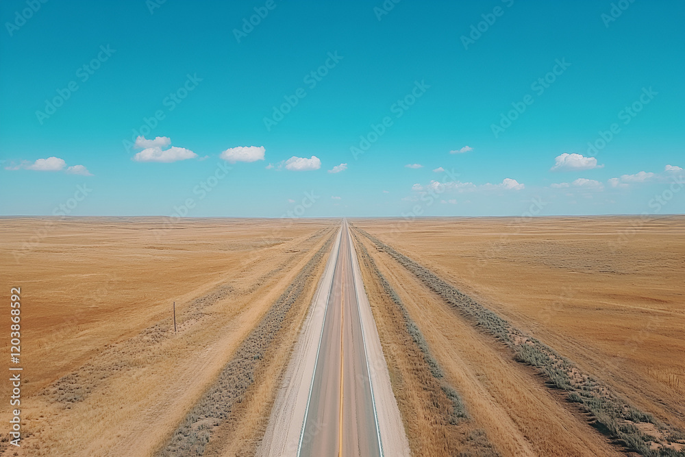 Naklejka premium A long, straight highway cutting through a flat desert landscape under a bright blue sky. Portrait and wallpaper. empty space for text.