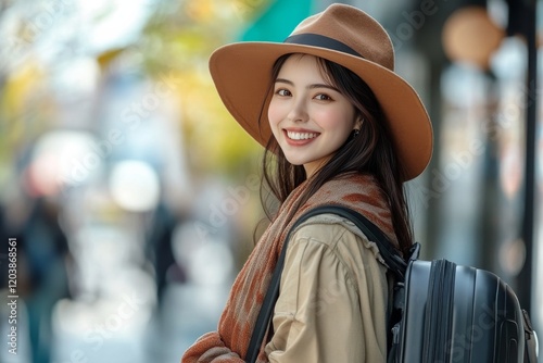 Young woman with red suitcase explores vibrant market street in tropical loca...