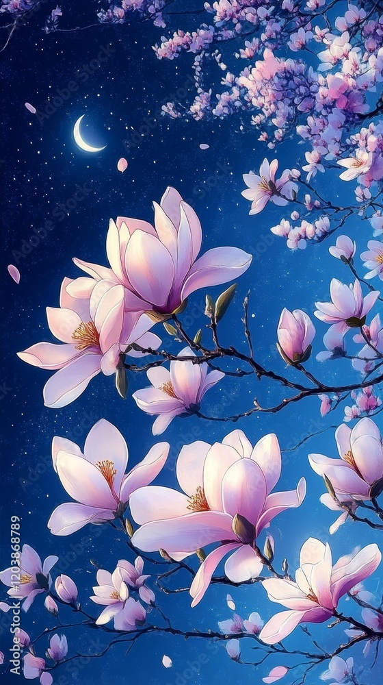 Fototapeta premium Moonlit Magnolia Blossom Display With Branching Twigs And Falling Petals On Dark Blue Sky