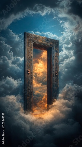 Open door surrounded by clouds revealing a bright sky in a surreal atmosphere