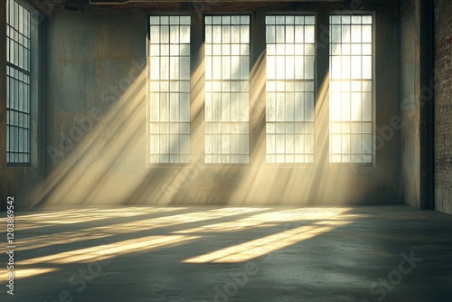 Sunlight streaming through large windows in an abandoned industrial building