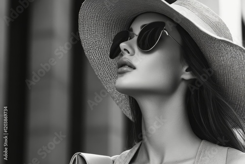 Elegance and style highlighted by a fashionable hat and sunglasses on a city ...