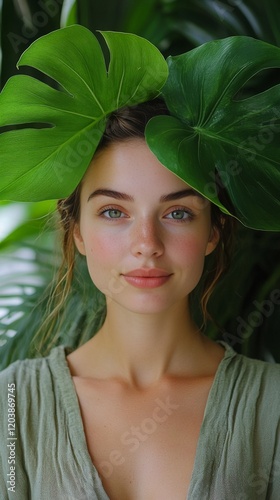 Woman wearing large leaf hat in lush greenery during daytime in natural setting