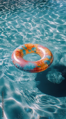 Bright inflatable ring floating in clear blue pool water on a sunny day