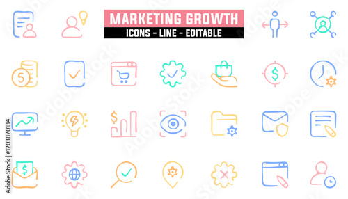 Set of 25 line icons marketing growth. Editable stroke. Vector illustration