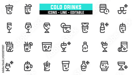 Set of 25 line icons cold drinks. Editable stroke. Vector illustration