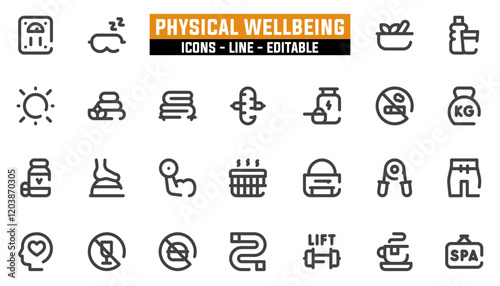 Set of 25 line icons physical wellbeing. Editable stroke. Vector illustration