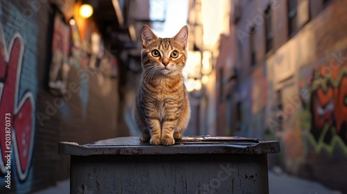 A scrappy alley cat perched on a dumpster in a narrow urban alleyway, with graffiti-covered walls in the background.