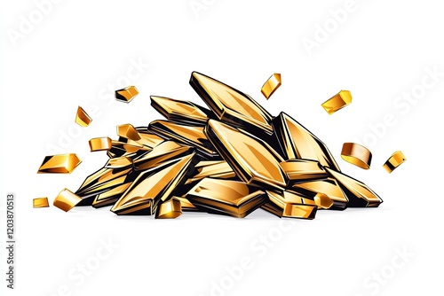 A vibrant pile of shiny gold bars and nuggets scattered artistically on a white background photo