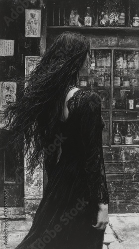 Woman with long wavy hair stands in front of a bar with various bottles displ...