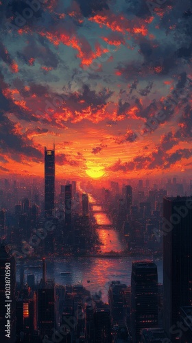 Vibrant sunset casts warm hues over a bustling city skyline during evening hours