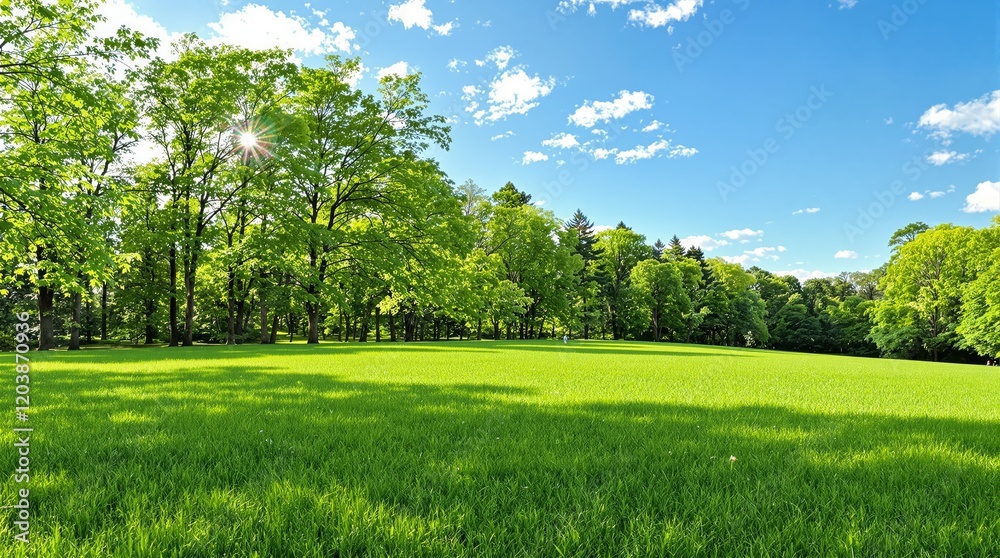 Obraz premium A vibrant park scene with lush green grass, tall trees glistening in sunlight, and a clear blue sky with fluffy clouds. Concept of nature serenity. Ai generative