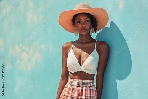 Stylish summer outfit on model with a trendy hat against a vibrant blue backg...