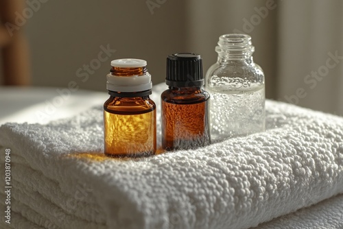 Aromatherapy essential oils on a soft towel in a serene setting for relaxatio...