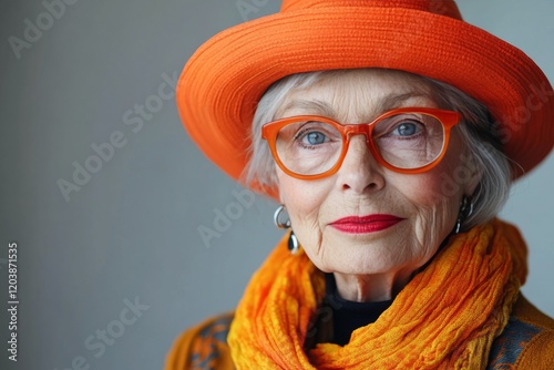 Elegant elderly woman wearing vibrant orange accessories and showcasing her c...