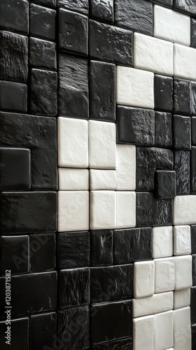 Unique arrangement of black and white tiles creating a modern wall design