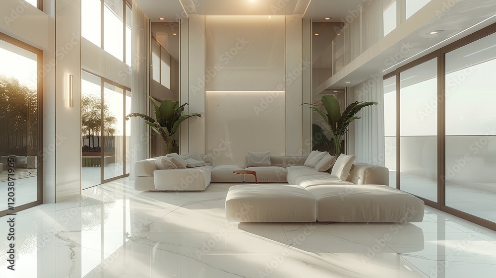 Fototapeta premium Modern living room. The entire large space decoration design, panorama. Natural color tones, bright and simple. No redundant lights on the ceiling. Simple lines.