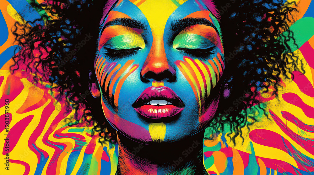 Fototapeta premium Vibrant Black History Month Poster with Woman’s Face and African Patterns