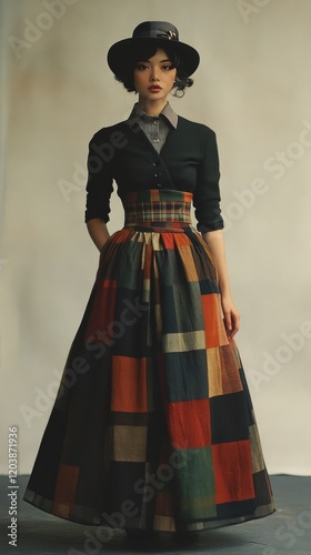 Woman in vintage plaid dress poses confidently in black and white setting wit...