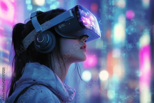 Virtual reality experience in a neon cityscape at night with a focused user
