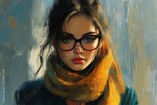 Young woman with stylish glasses and orange scarf poses against a vintage bac...