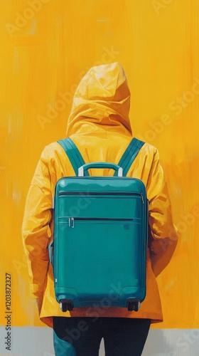 Woman in yellow raincoat with suitcase and backpack prepares for travel