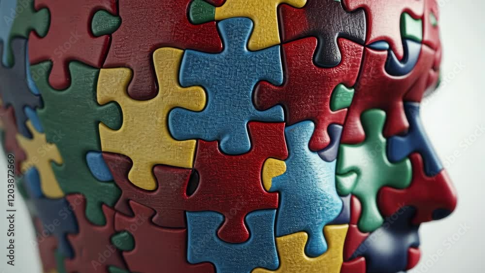 Colorful puzzle pieces form human-like face sculpture in modern art display