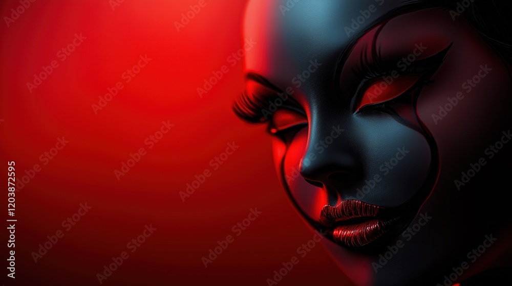 Fototapeta premium A dramatic, surreal close-up of a face with bold red and black makeup, emphasizing elegance, mystery, and emotion in a dark and artistic atmosphere.