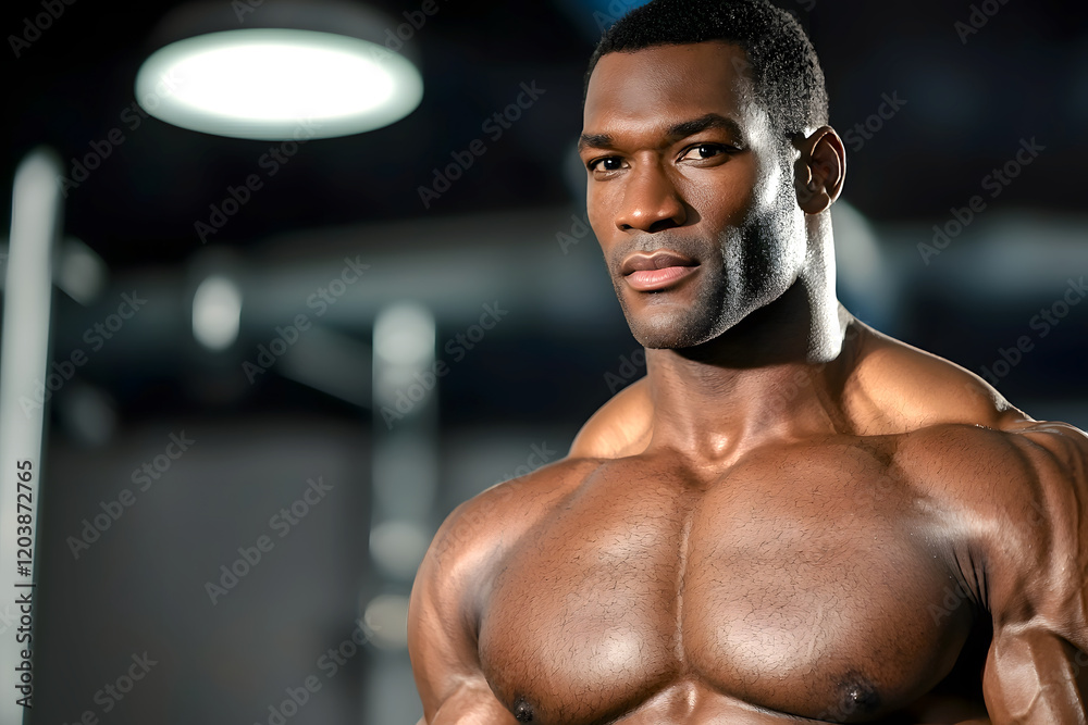 muscular bodybuilder posing confidently in gym setting, showcasing strength and determination. close up highlights his impressive physique and focus muscular bodybuilder posing confidently in gym setting, showcasing strength and determination. close up highlights his impressive physique and focus
