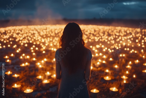 Woman gazes at a field of glowing lights during a magical evening event near ...
