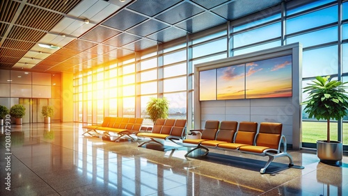 Modern Airport Gate Waiting Area with Digital Banner Mockup for Public Announcements