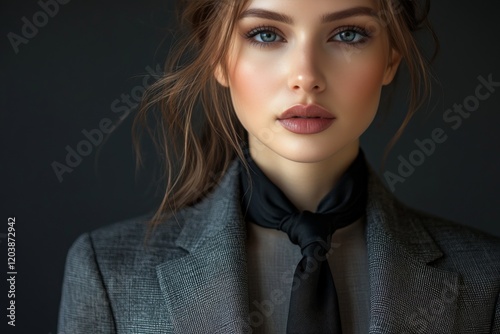 Elegant woman in tailored suit with neutral background showcasing confident e...