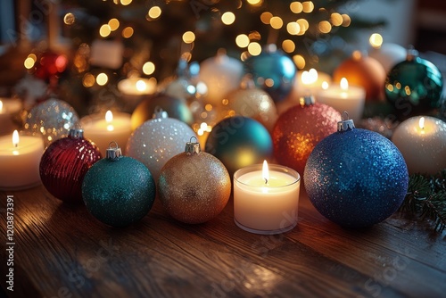 Warm holiday ambiance with candles and ornaments on a rustic wooden table