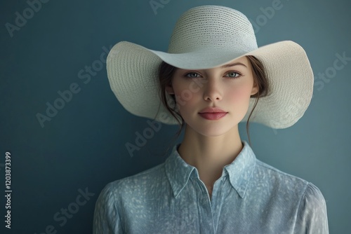 Elegant woman wearing a wide-brimmed hat in soft sunlight with shadows accent...