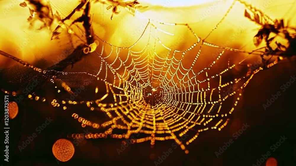 Close-up of spider web with beautiful dew. Creative. Beautiful delicate spider web with dew drops after rain. Elegant spider web with dew on dark blurred background of meadow. Macrocosm of summer sunl