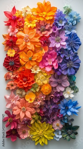 Colorful paper flowers arranged in vibrant patterns for decoration