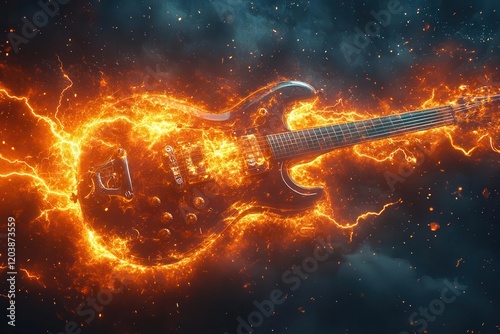 a double exposure image of a guitar bursts with a dramatic lightning storm symbolizing the power of music and emotion the contrasting elements create an electrifying visual experience