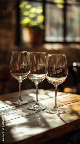 Sparkling wine glasses reflecting warm light in a rustic setting at a cozy re...