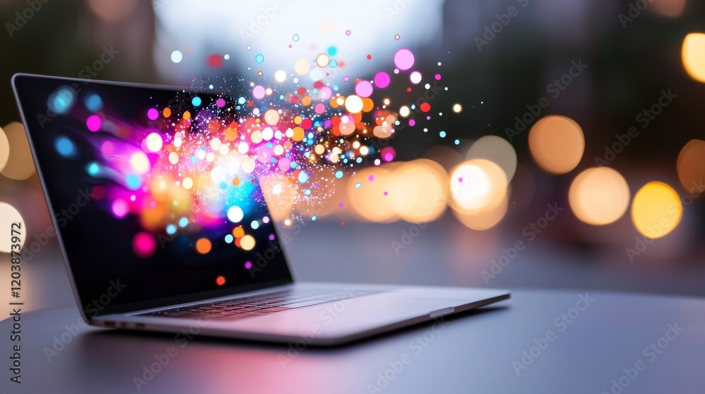 Colorful lights burst from laptop screen, showing digital innovation and technology. Colorful lights burst from laptop screen, showing digital innovation and technology.
