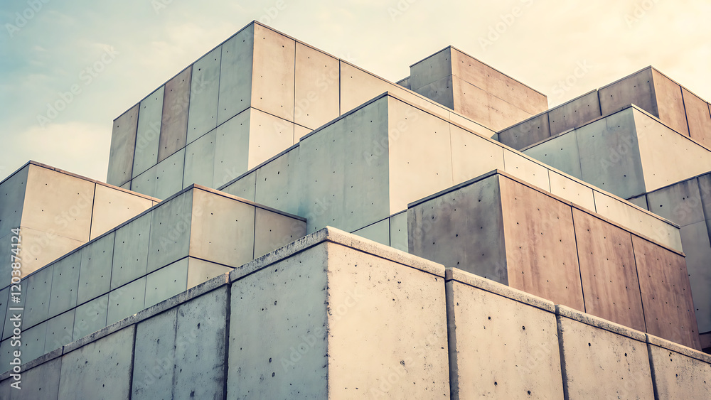 Abstract architecture background. Close-up of a geometric wall structure design. Contemporary and minimalist architectural photography detail. Vintage filter colors. Cement volumes composition. pastel Abstract architecture background. Close-up of a geometric wall structure design. Contemporary and minimalist architectural photography detail. Vintage filter colors. Cement volumes composition. pastel