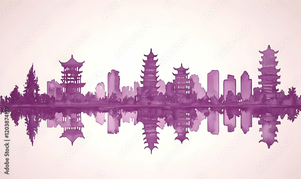 Fototapeta premium Purple Asian city skyline reflection, calm