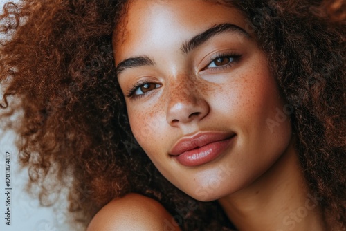 Young woman with curly hair and freckles smiles confidently at the camera ind...