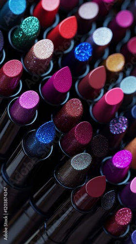 Colorful collection of lipsticks in various shades arranged on a display