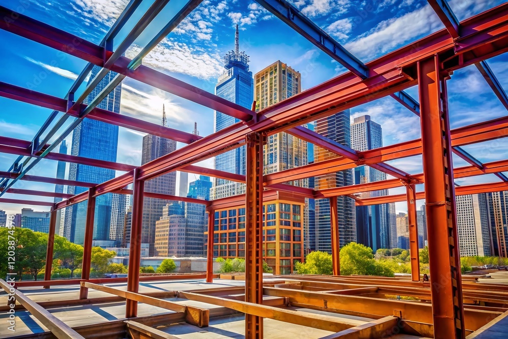 Modern Building Construction: Steel Beams & City Skyline - Rule of Thirds Composition Modern Building Construction: Steel Beams & City Skyline - Rule of Thirds Composition