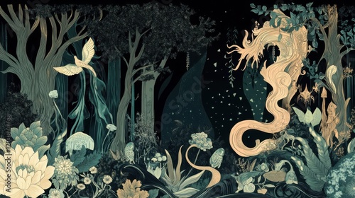 An enchanting Art Nouveau-style illustration of a fairy tale scene, featuring flowing lines, ornate floral patterns, and mythical creatures in a forest setting