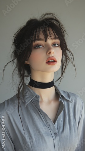 Young woman with long hair and bold makeup poses in gray shirt and choker aga...