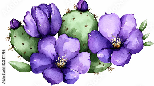 A vibrant watercolor illustration of cactus pads adorned with striking purple flowers, showcasing nature's beauty and color.