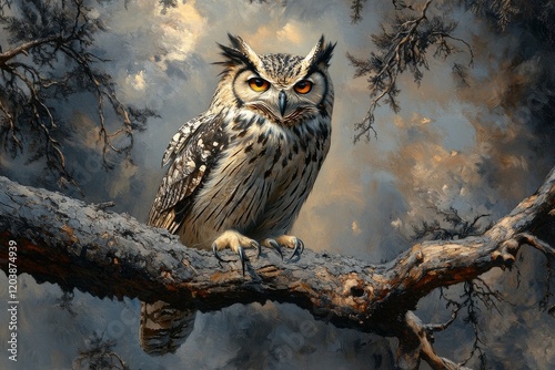 Majestic owl perched on an ancient tree in a misty landscape at dawn