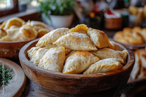 Delicious homemade dumplings served in a wooden bowl at a cozy restaurant set...