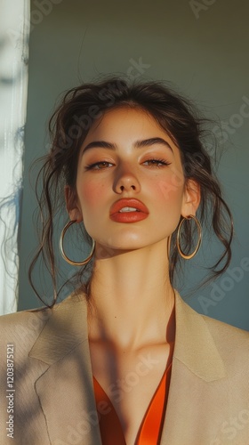 Captivating portrait of a young woman with long hair and natural makeup in a ...